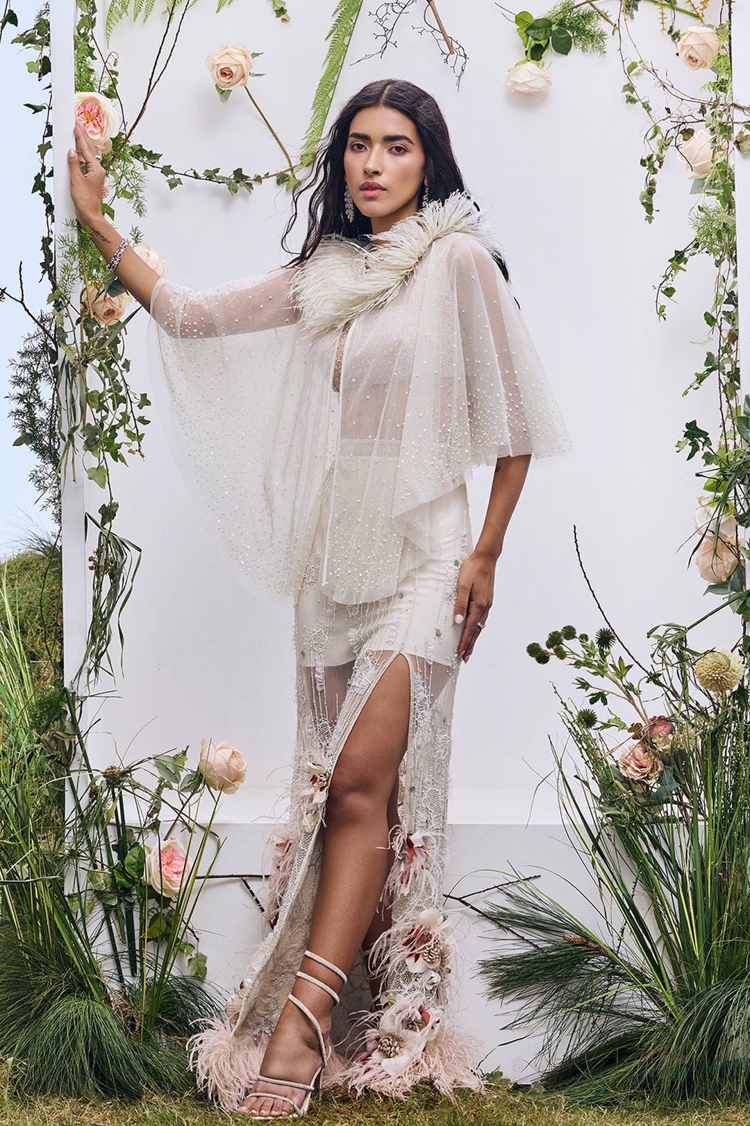 white dress with sheer cape Short Homecoming Dress with Butterfly Sheer Cape Off White / XSmall