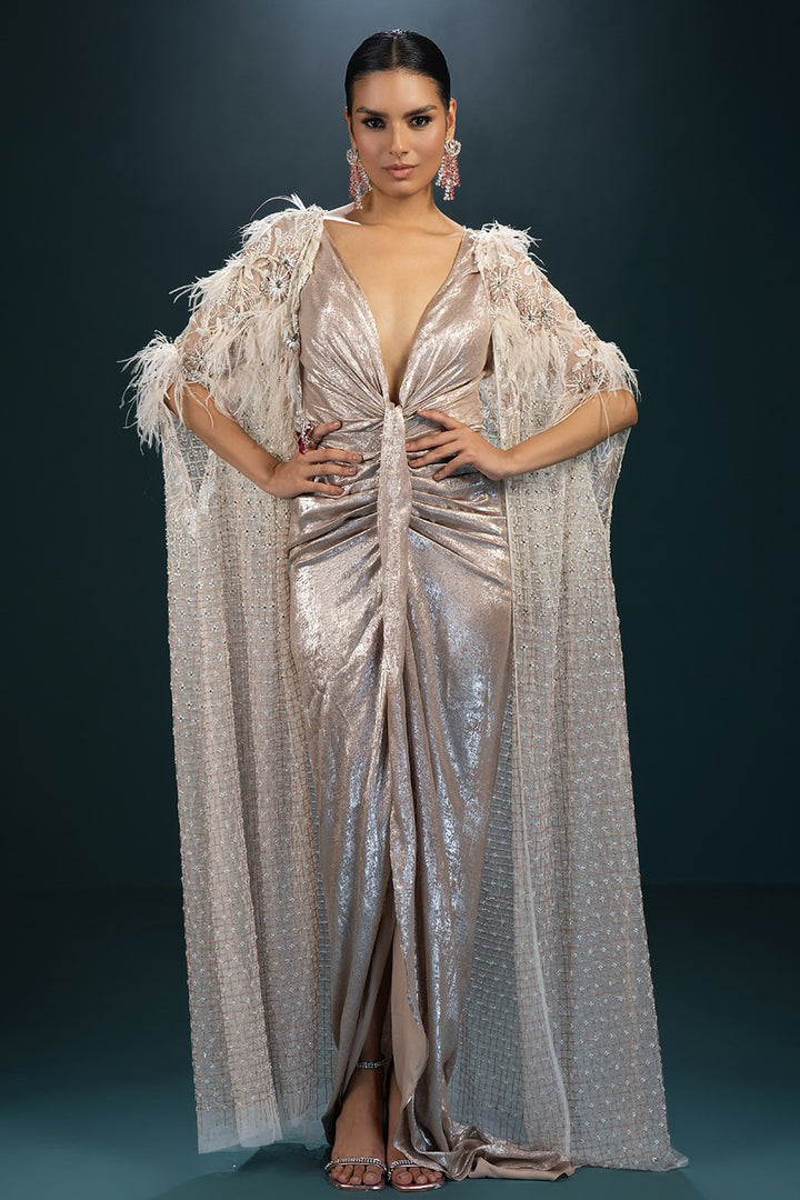 Tulle Cape and Knotted Slit Dress
