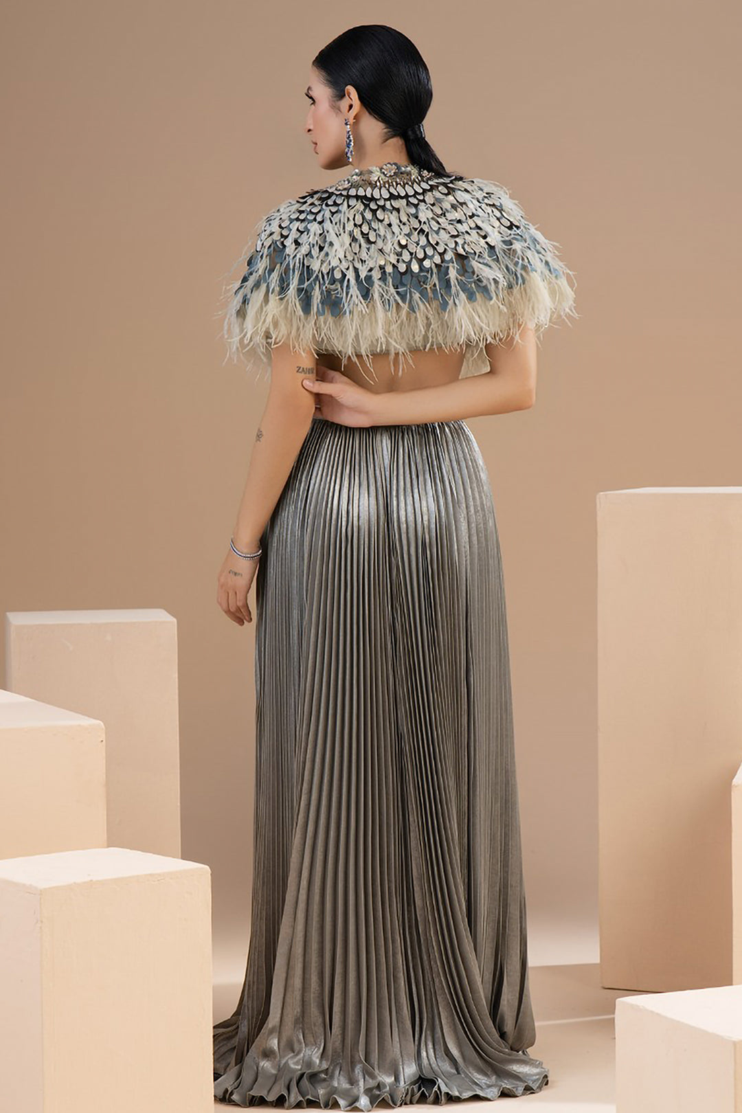 Laser Cut Floral Artistry with Pleated Lurex Crepe Dress