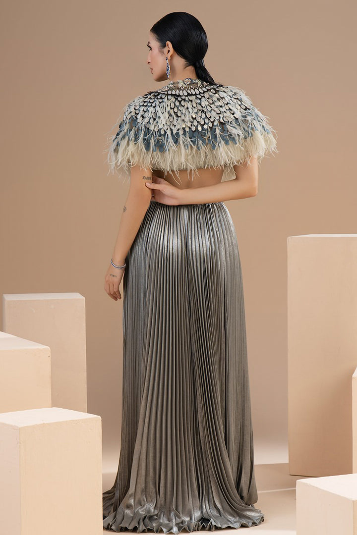 Laser Cut Floral Artistry with Pleated Lurex Crepe Dress