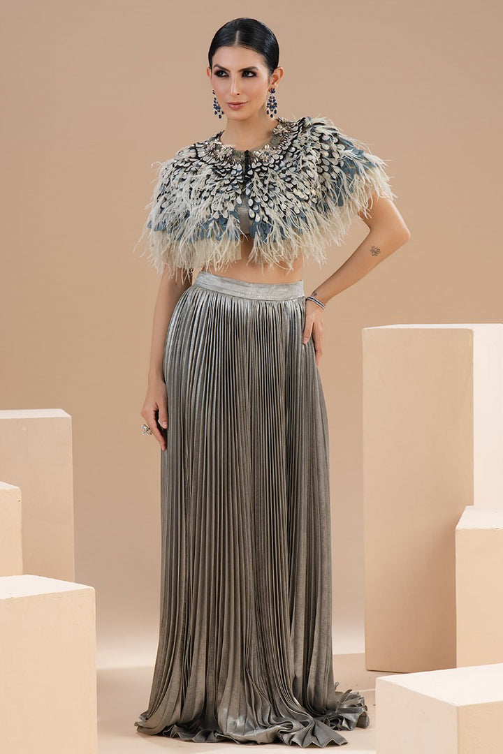 Laser Cut Floral Artistry with Pleated Lurex Crepe Dress