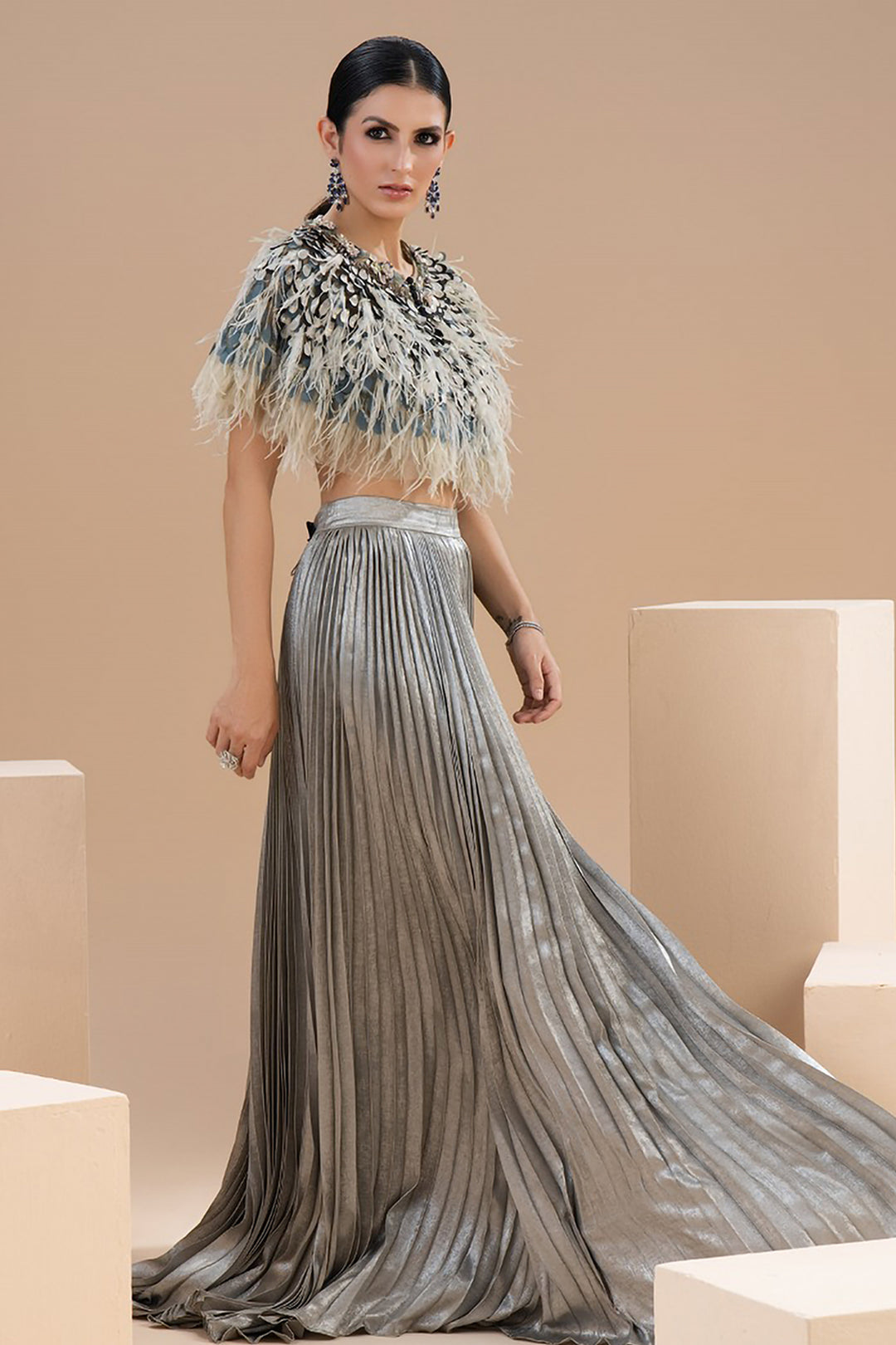 Laser Cut Floral Artistry with Pleated Lurex Crepe Dress Grey / US 16