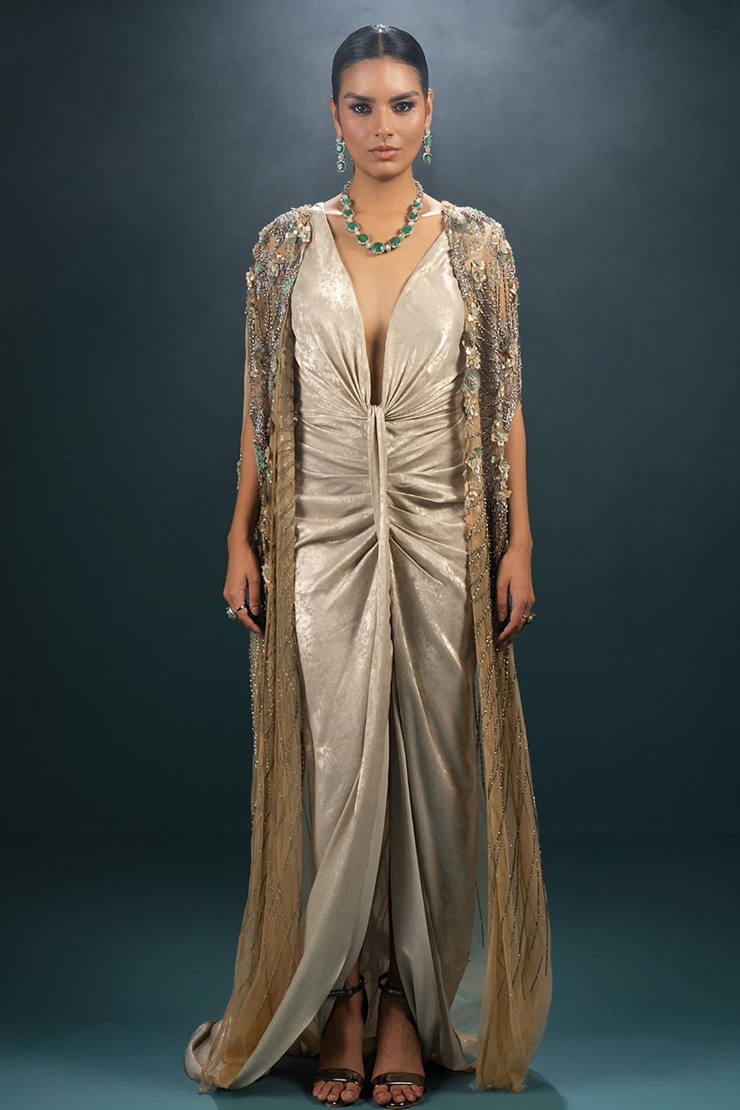 Shimmering Beaded Cape Dress with Elaborate Trail