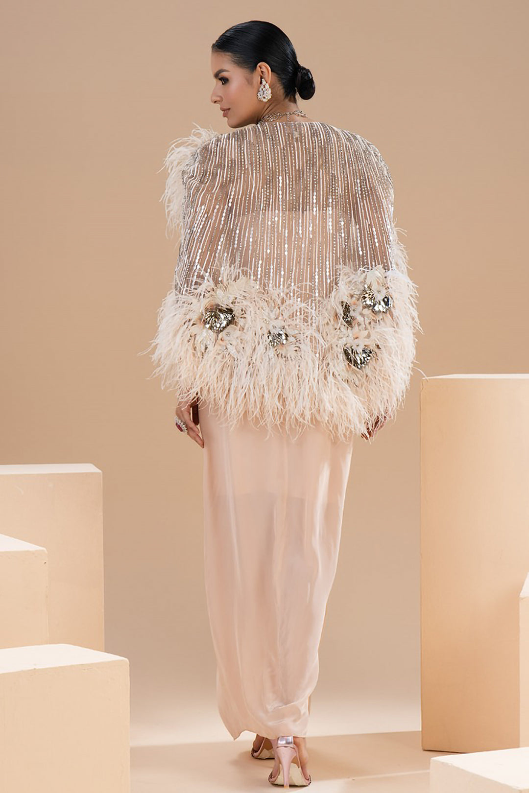 Embroidered Mesh Cape and Knotted Dress
