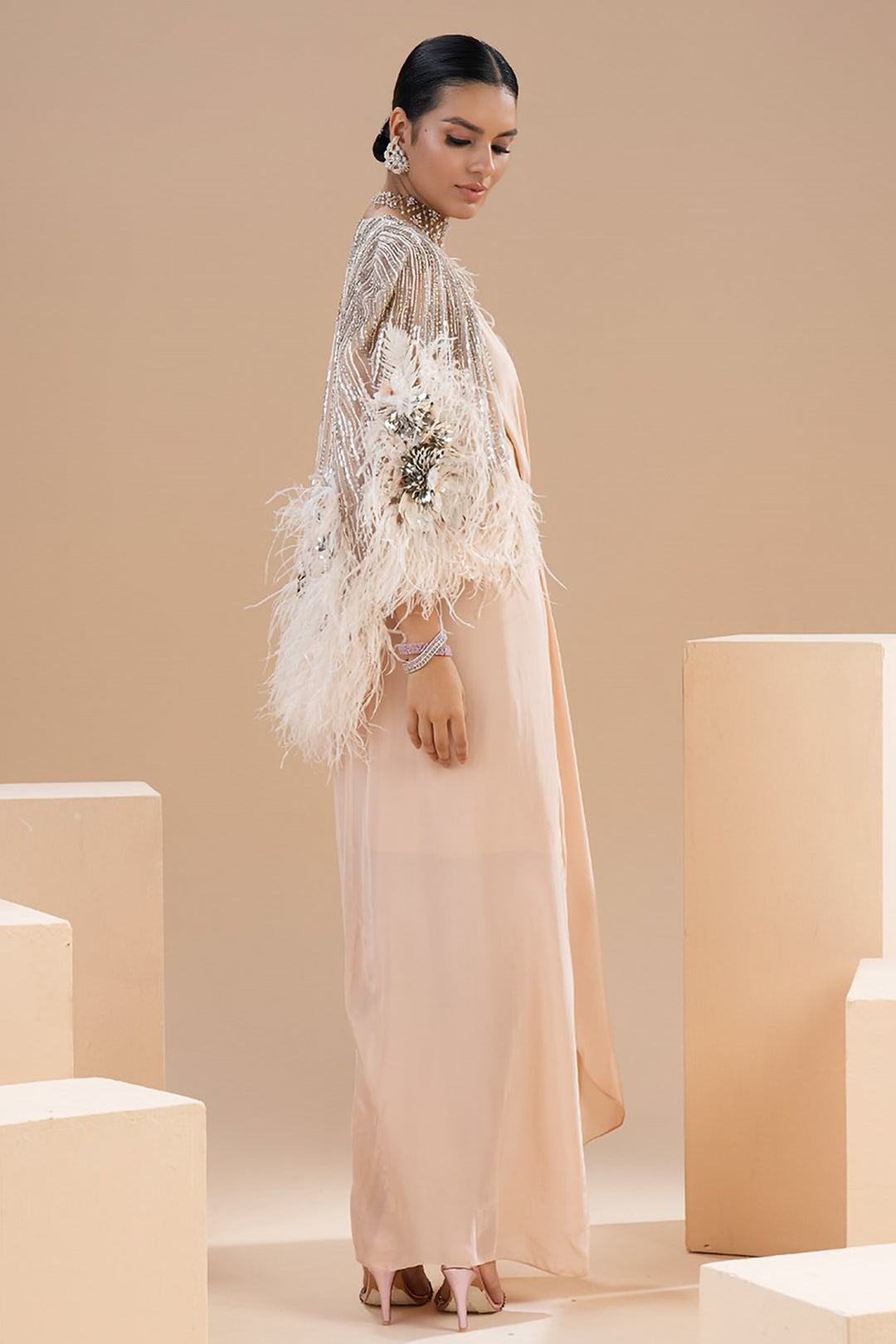 Embroidered Mesh Cape and Knotted Dress