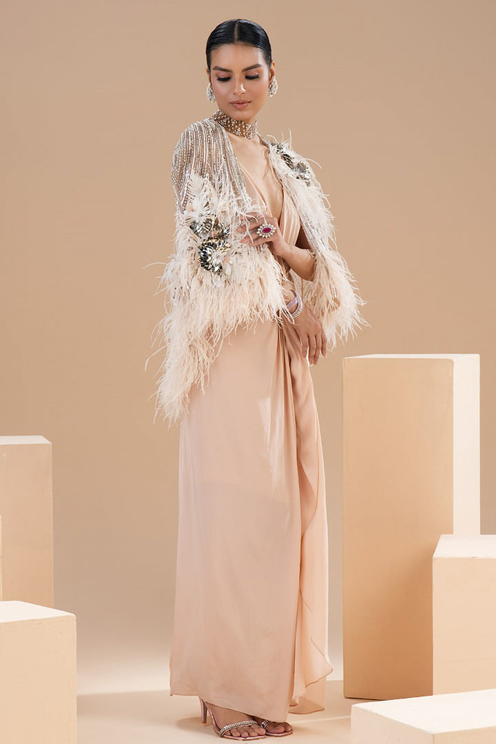 Embroidered Mesh Cape and Knotted Dress