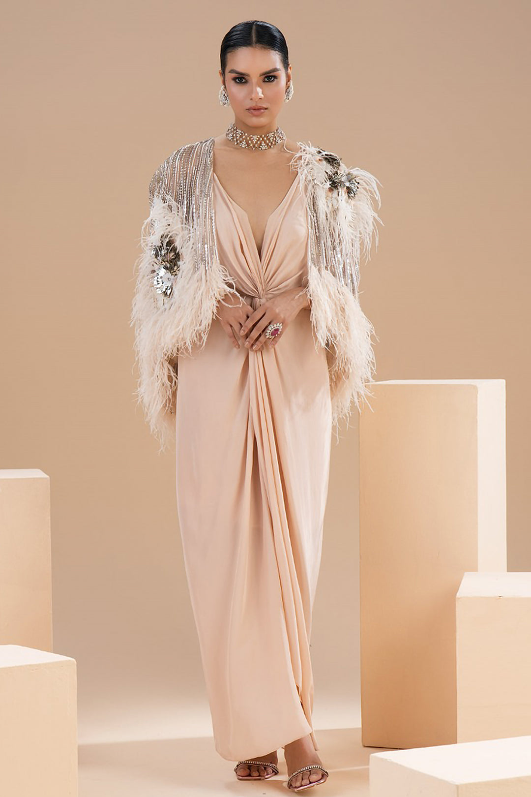 Embroidered Mesh Cape and Knotted Dress