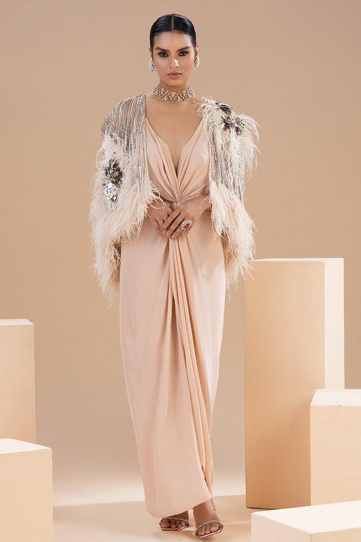 Embroidered Mesh Cape and Knotted Dress