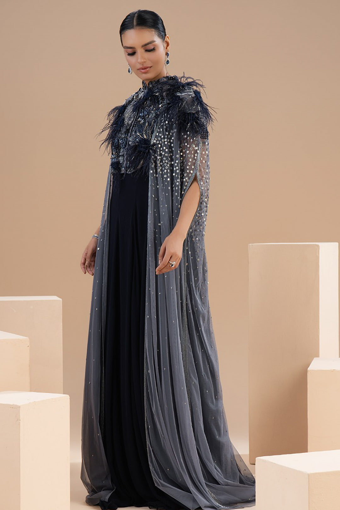 A-Line Dress with Long Cape