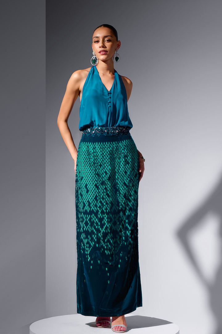 Silk Velvet Bodysuit and Skirt Ensemble