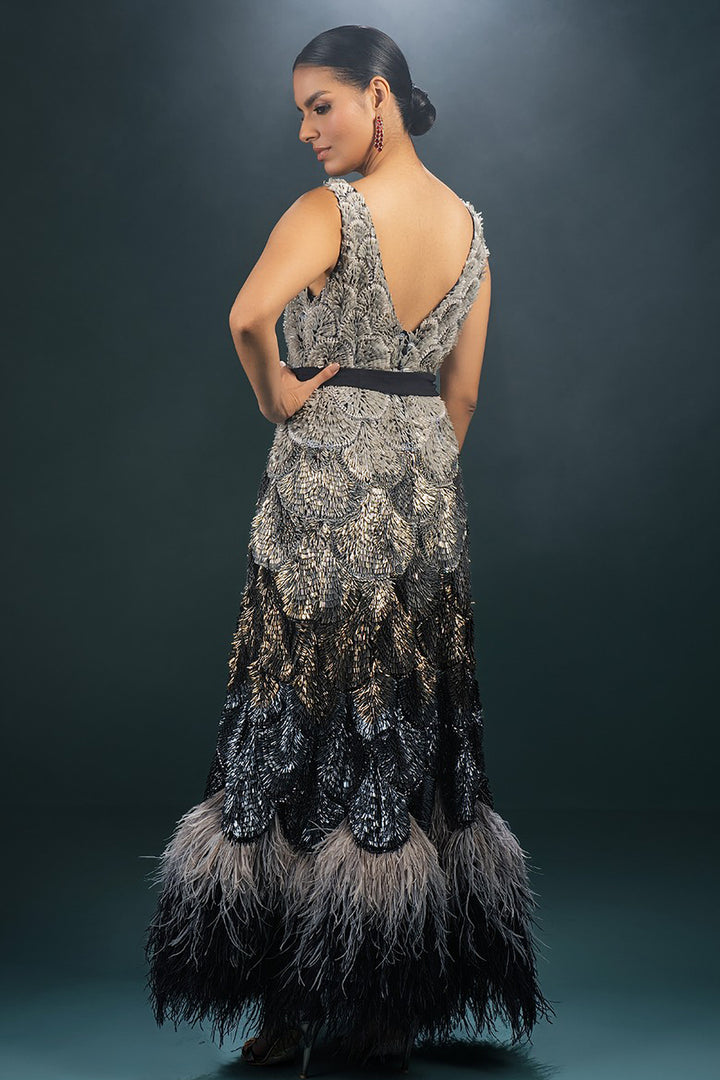 Tulle Sequin with Feather Long Dress