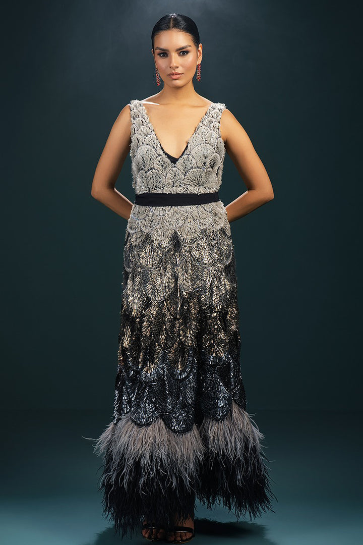 Tulle Sequin with Feather Long Dress
