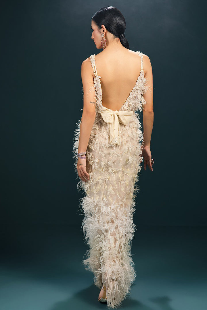 Feathered V-Neckline Tulle Dress