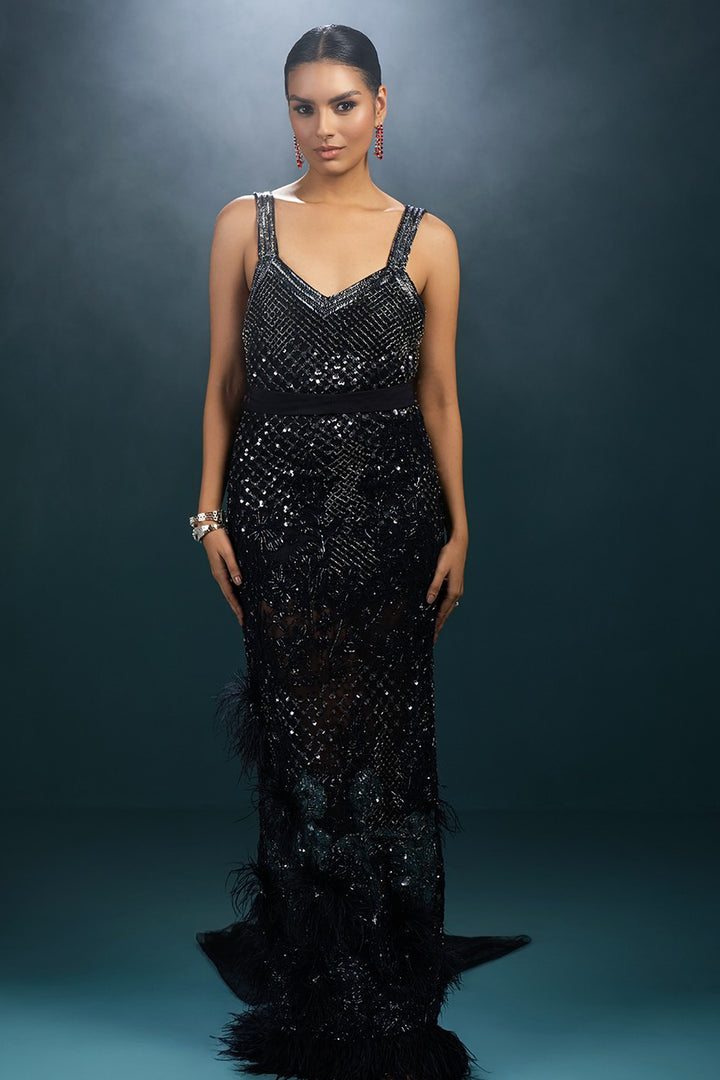 Beaded Tulle Column Dress