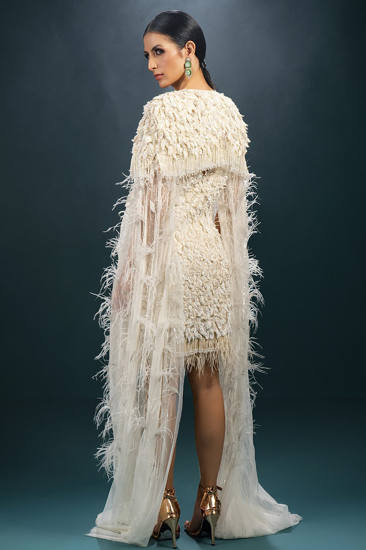 Laser Cut Flower and Feather Cape Dress