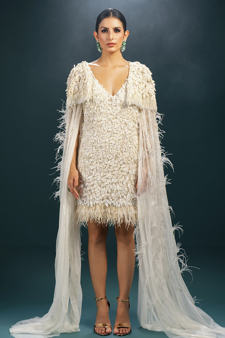 Laser Cut Flower and Feather Cape Dress