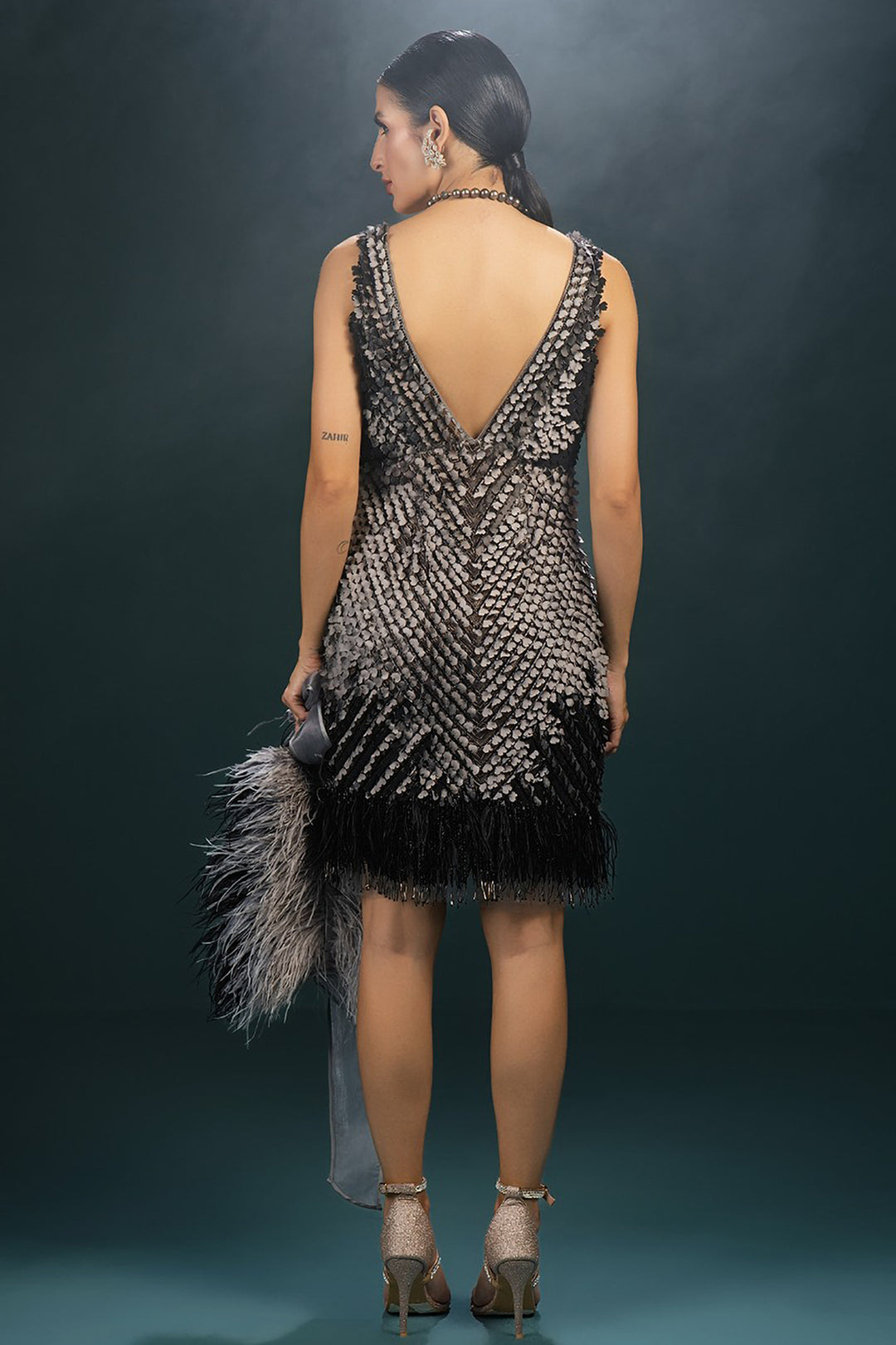 Laser-Cut Midi Dress with Feather Ombré Boa Grey / US 16