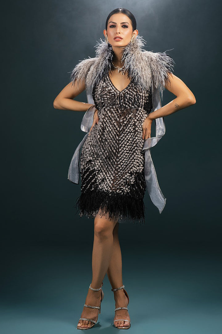 Laser-Cut Midi Dress with Feather Ombré Boa