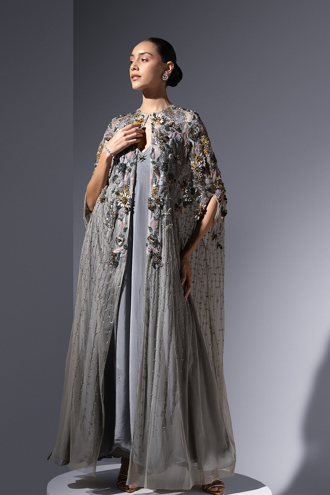 Mesh Dress with Plunging Neckline Ash Grey / US 20 Mesh Dress with Plunging Neckline Ash Grey / US 20