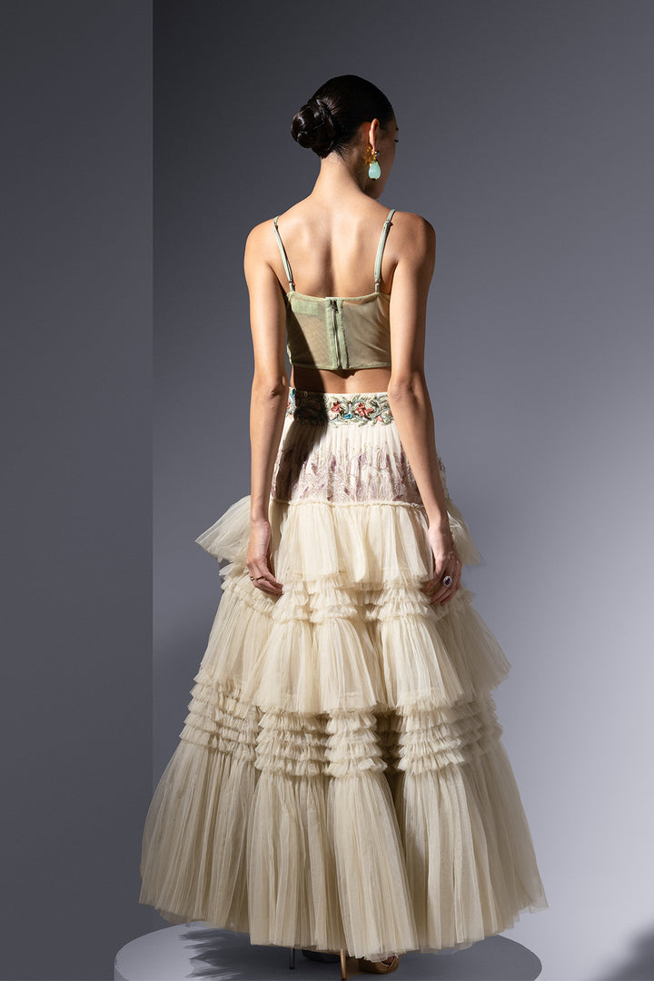 Tulle Three-Piece with Embroidered Fern Details