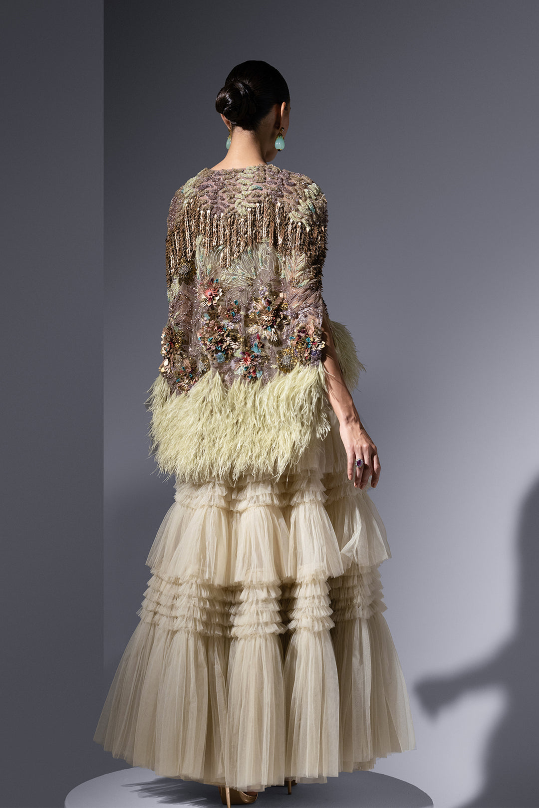Tulle Three-Piece with Embroidered Fern Details