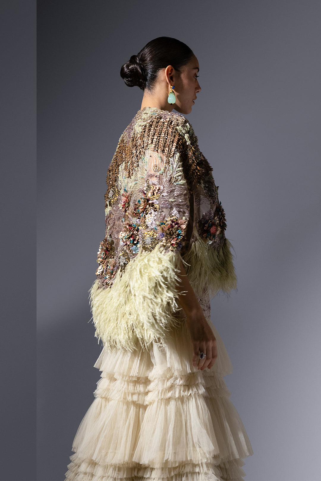 Tulle Three-Piece with Embroidered Fern Details