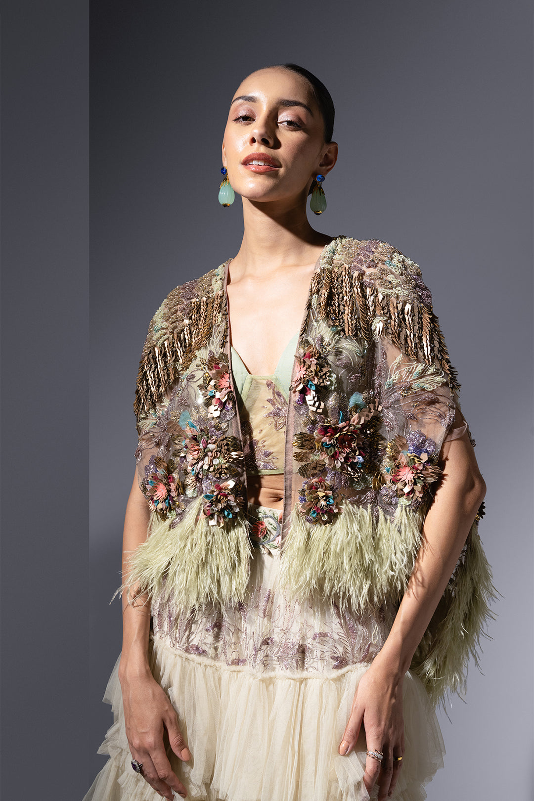 Tulle Three-Piece with Embroidered Fern Details