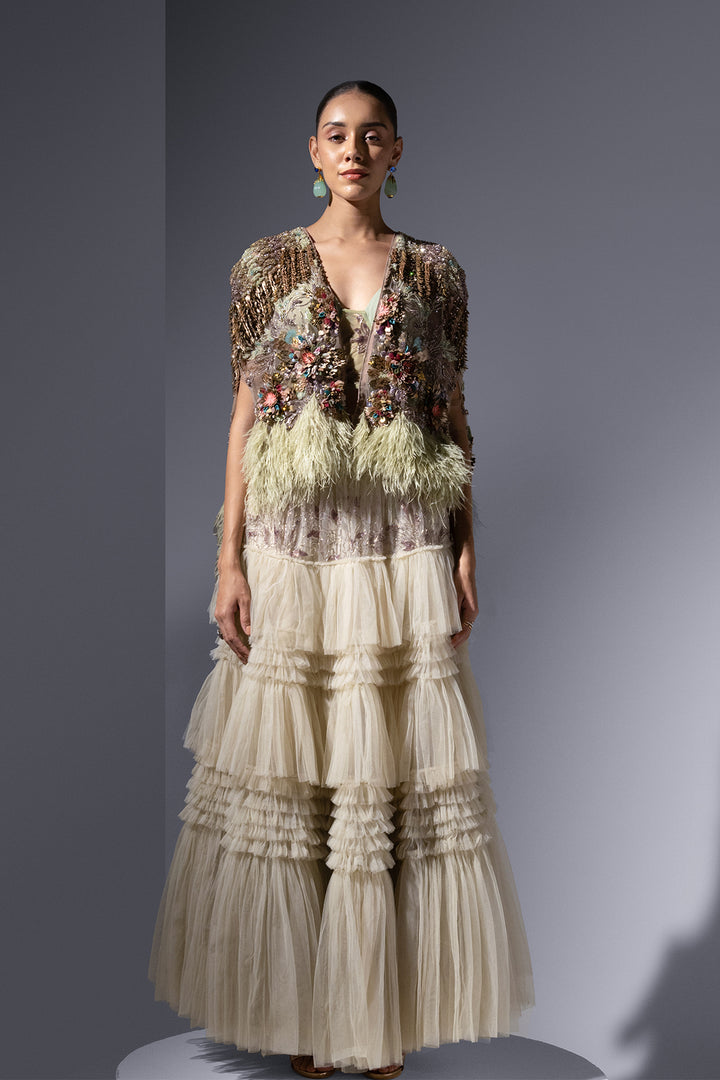 Tulle Three-Piece with Embroidered Fern Details