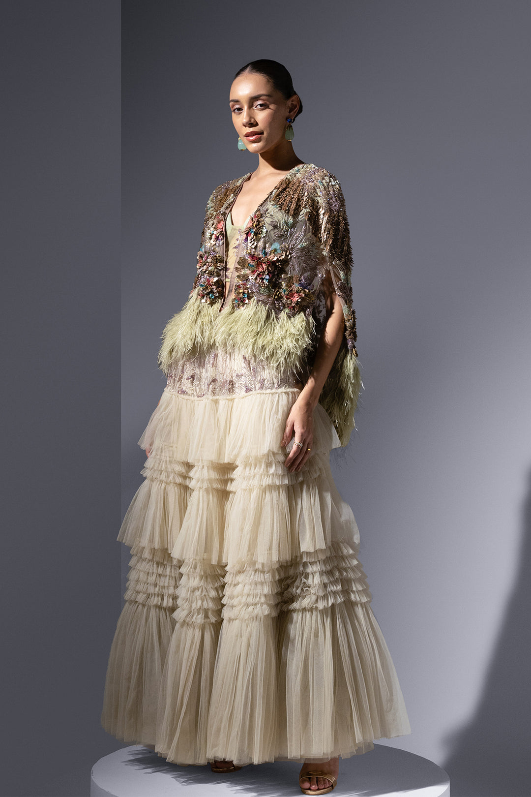 Tulle Three-Piece with Embroidered Fern Details