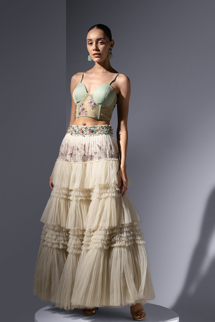 Tulle Three-Piece with Embroidered Fern Details