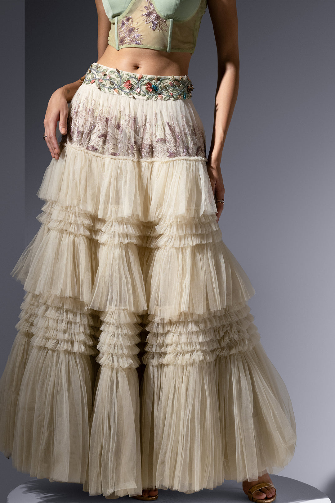 Tulle Three-Piece with Embroidered Fern Details