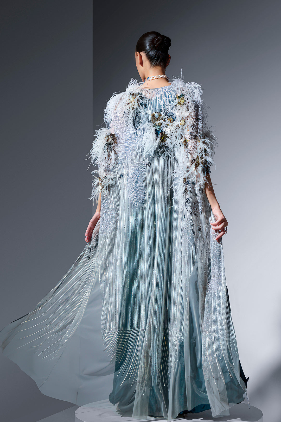Crepe A-Line Dress with Embroidered Cape Teal And Grey / US 2 Crepe A-Line Dress with Embroidered Cape Teal And Grey / US 2