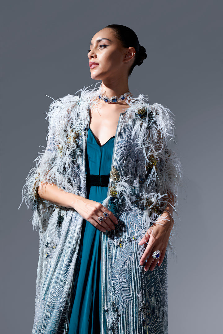 Crepe A-Line Dress with Embroidered Cape