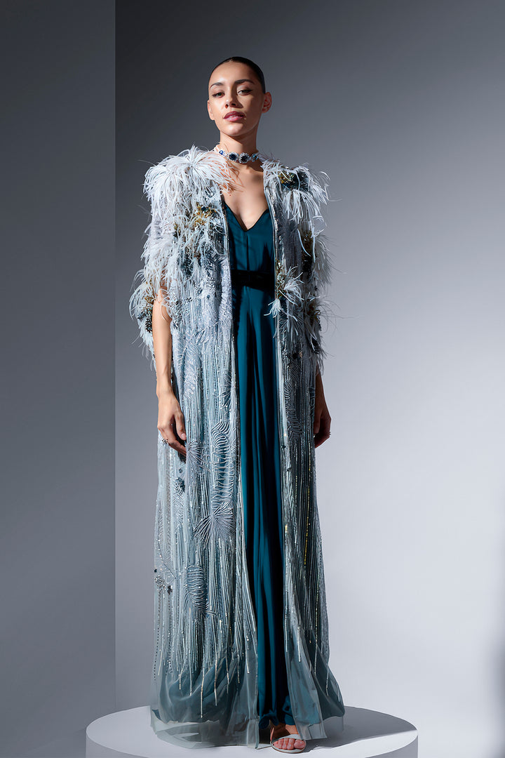 Crepe A-Line Dress with Embroidered Cape