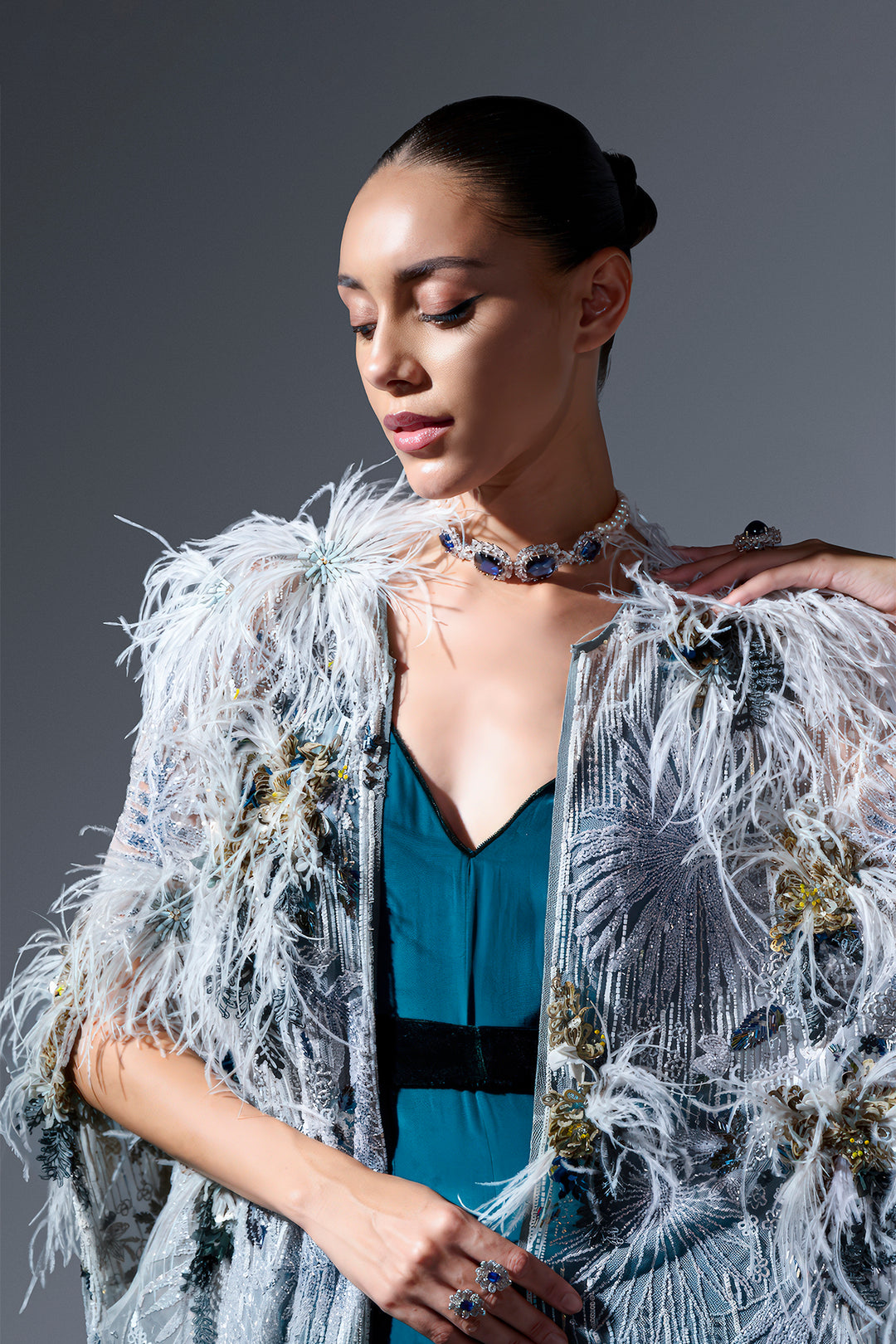 Crepe A-Line Dress with Embroidered Cape