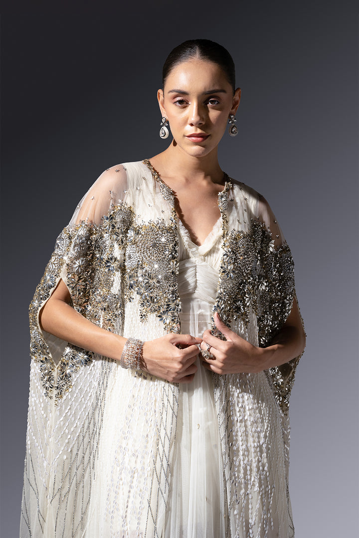 Mesh Dress with Crystal Cape