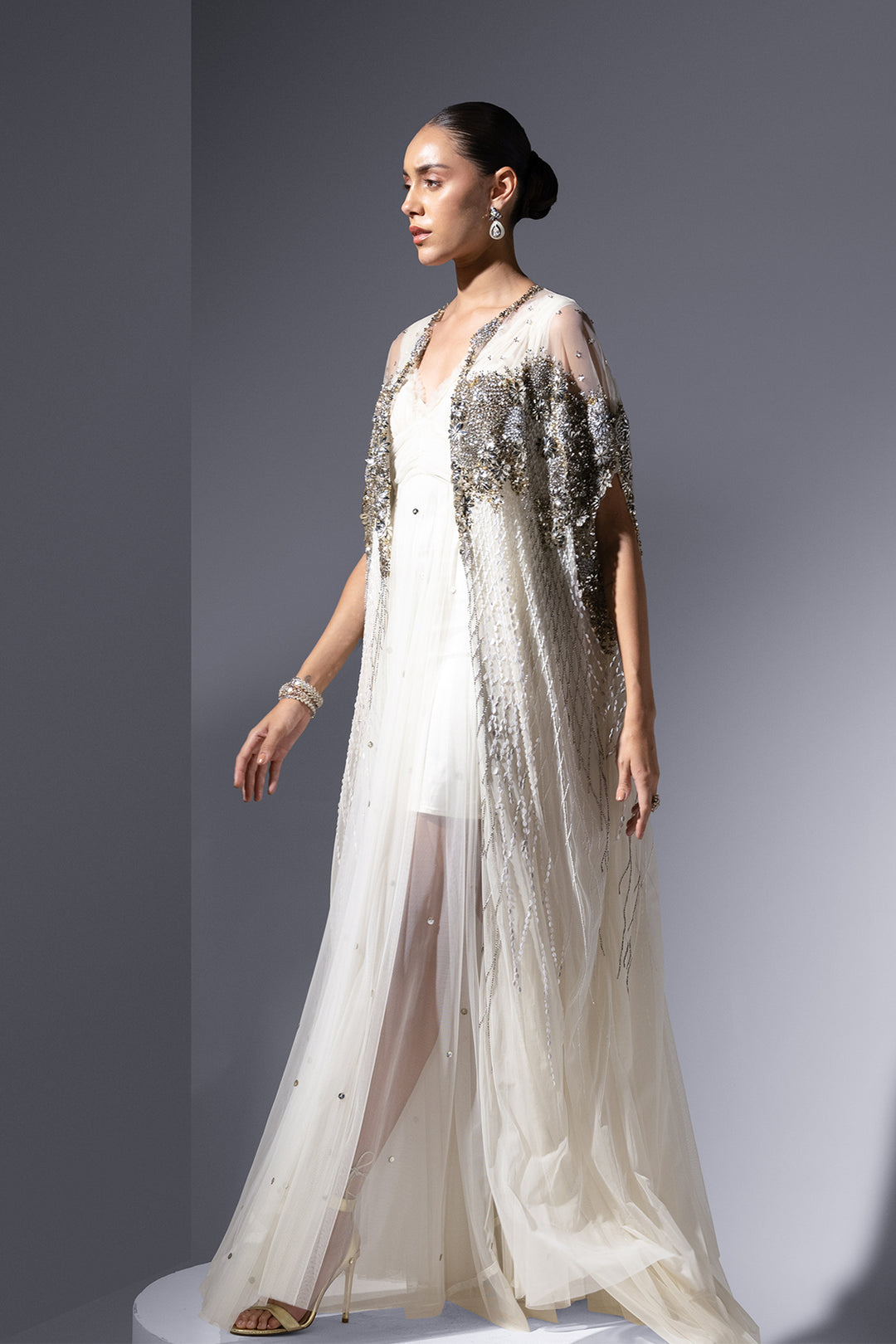 Mesh Dress with Crystal Cape