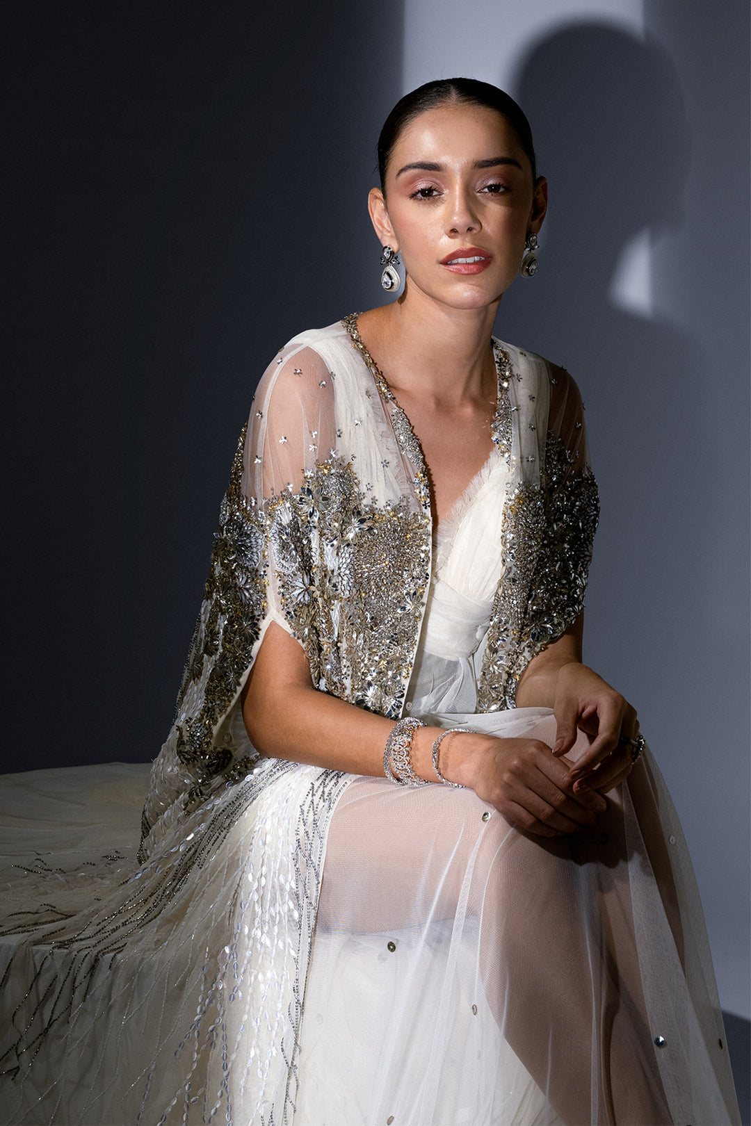 Mesh Dress with Crystal Cape