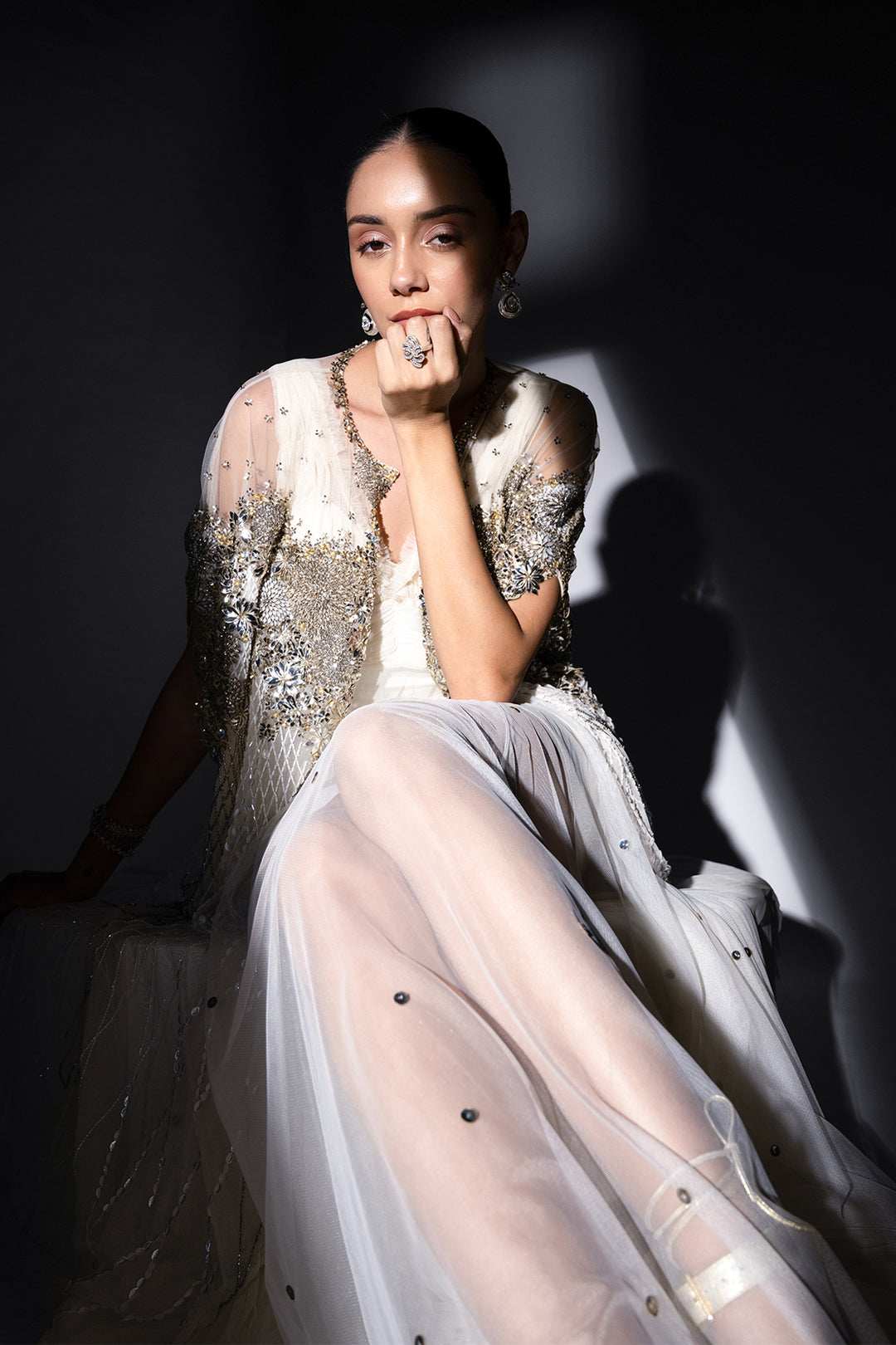 Mesh Dress with Crystal Cape