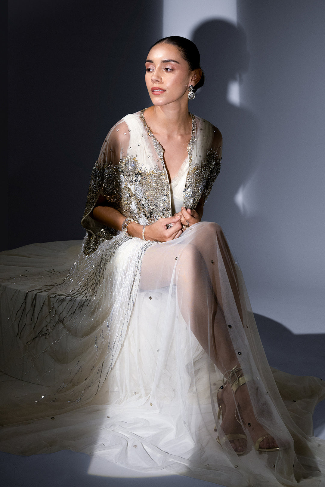 Mesh Dress with Crystal Cape