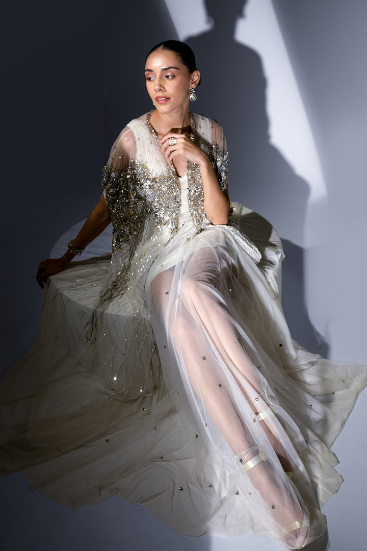 Mesh Dress with Crystal Cape