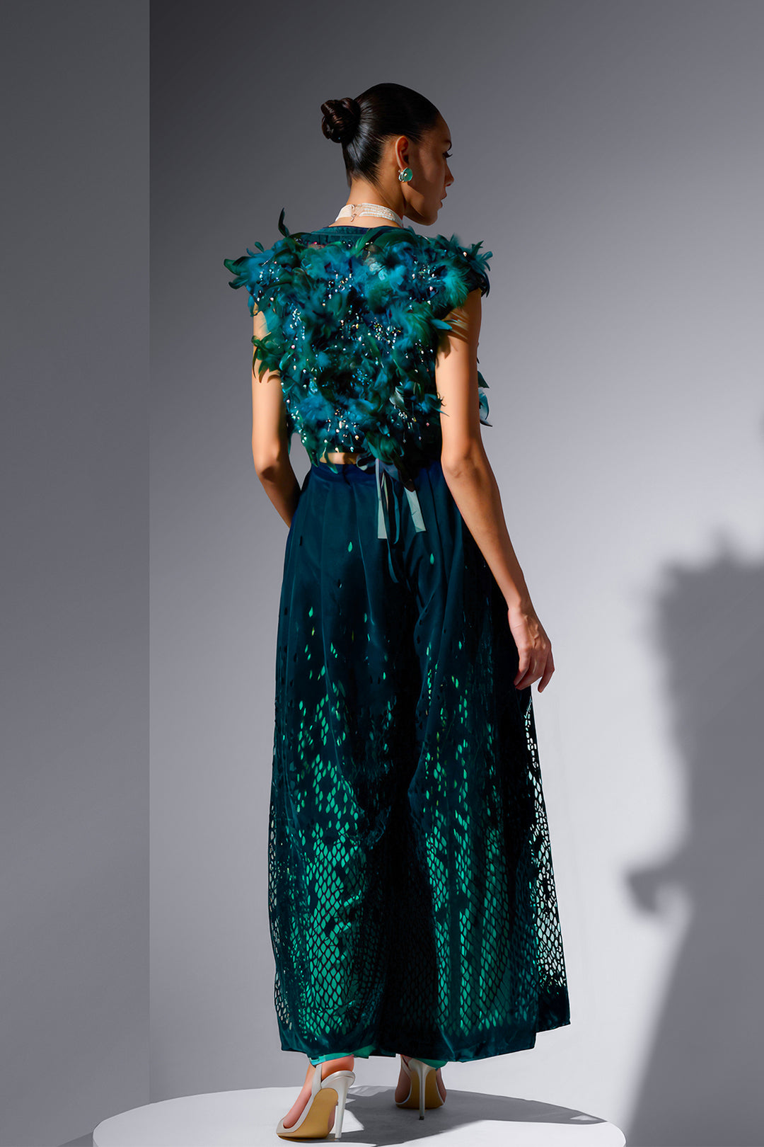 Feather Tulle Jacket And Velvet Trousers