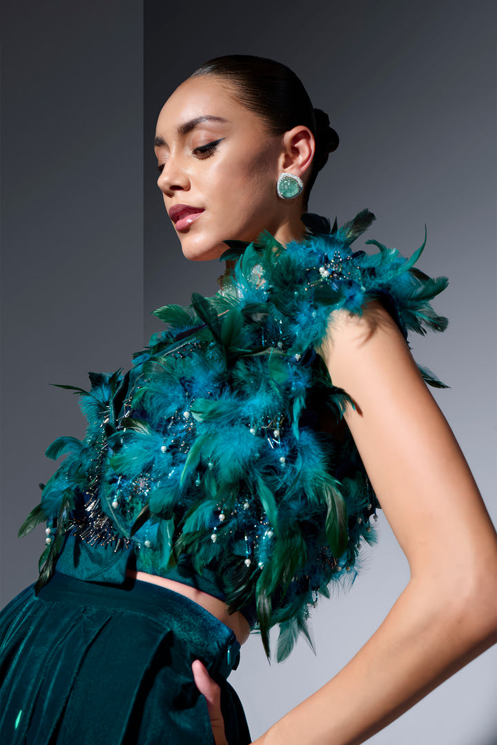 Feather Tulle Jacket And Velvet Trousers