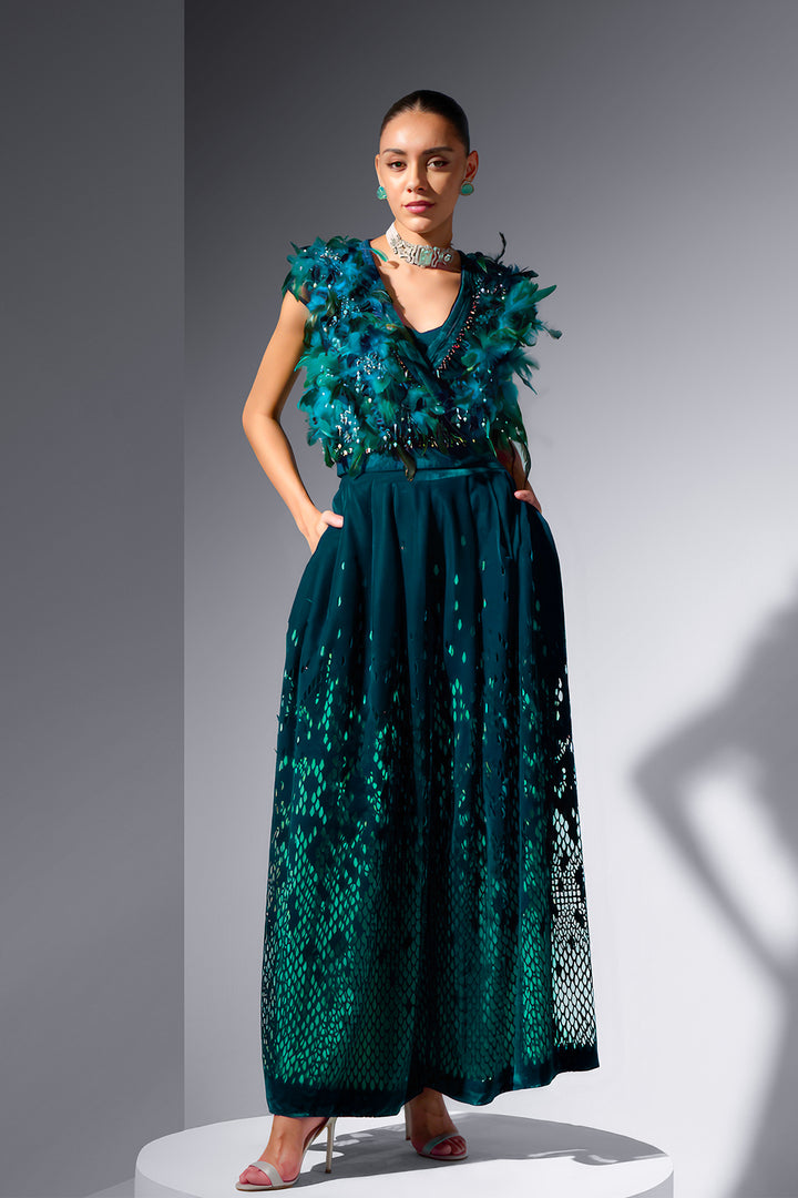 Feather Tulle Jacket And Velvet Trousers