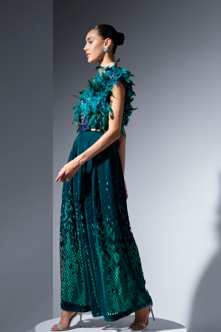 Feather Tulle Jacket And Velvet Trousers