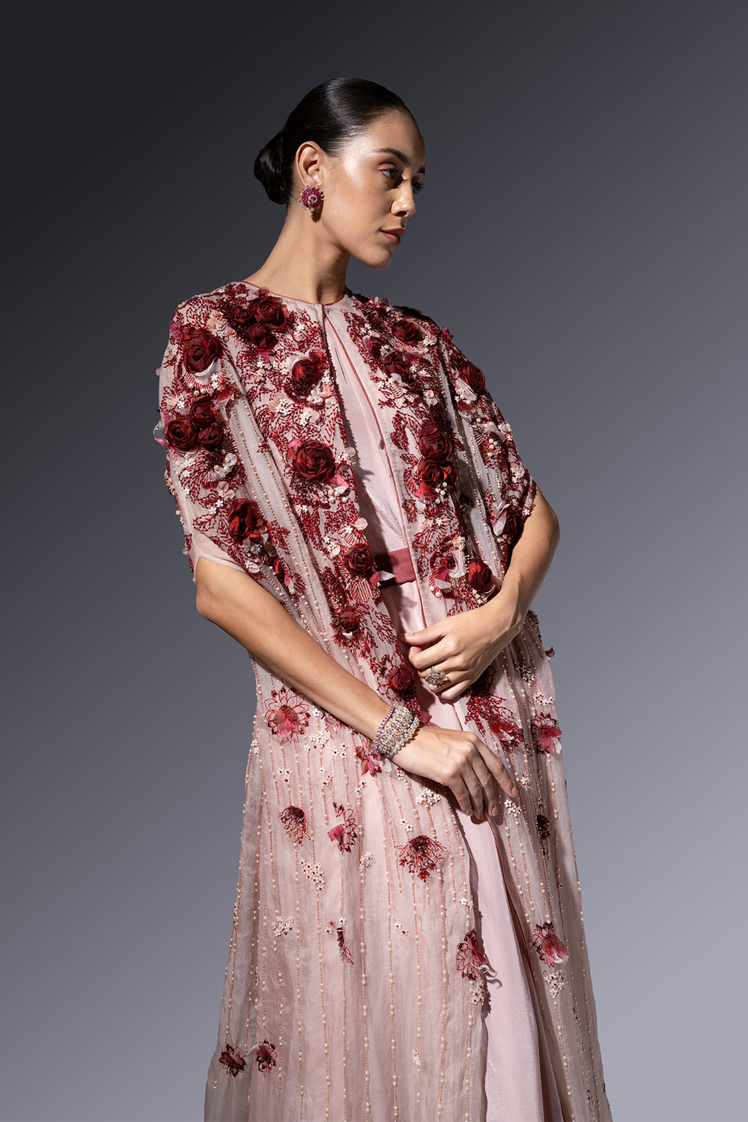 Embroidered Crepe And Mesh Two-Piece