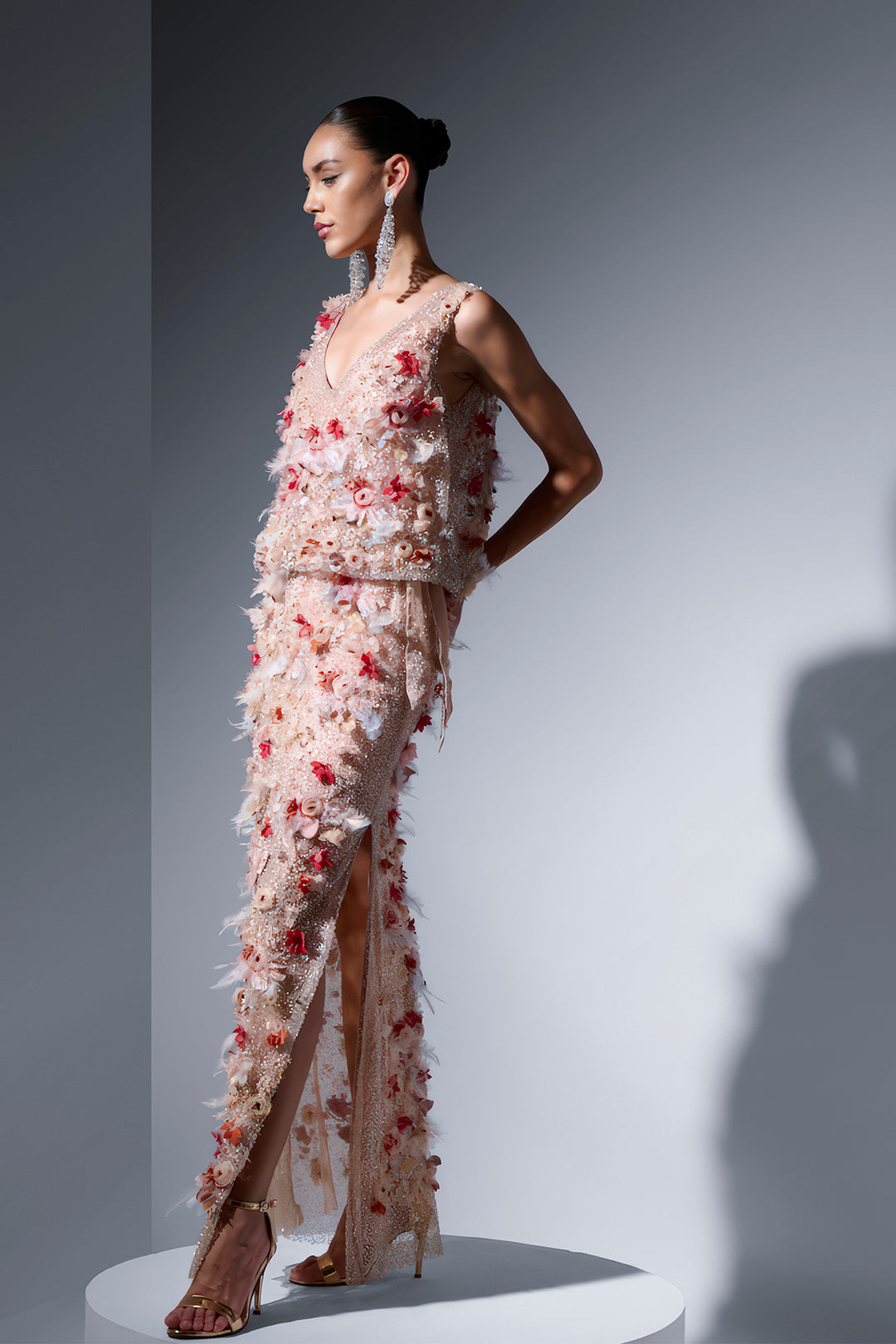 Sequin Tulle Dress with Feathered Accent