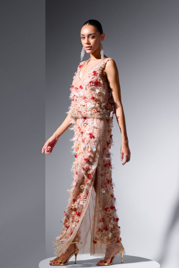 Sequin Tulle Dress with Feathered Accent