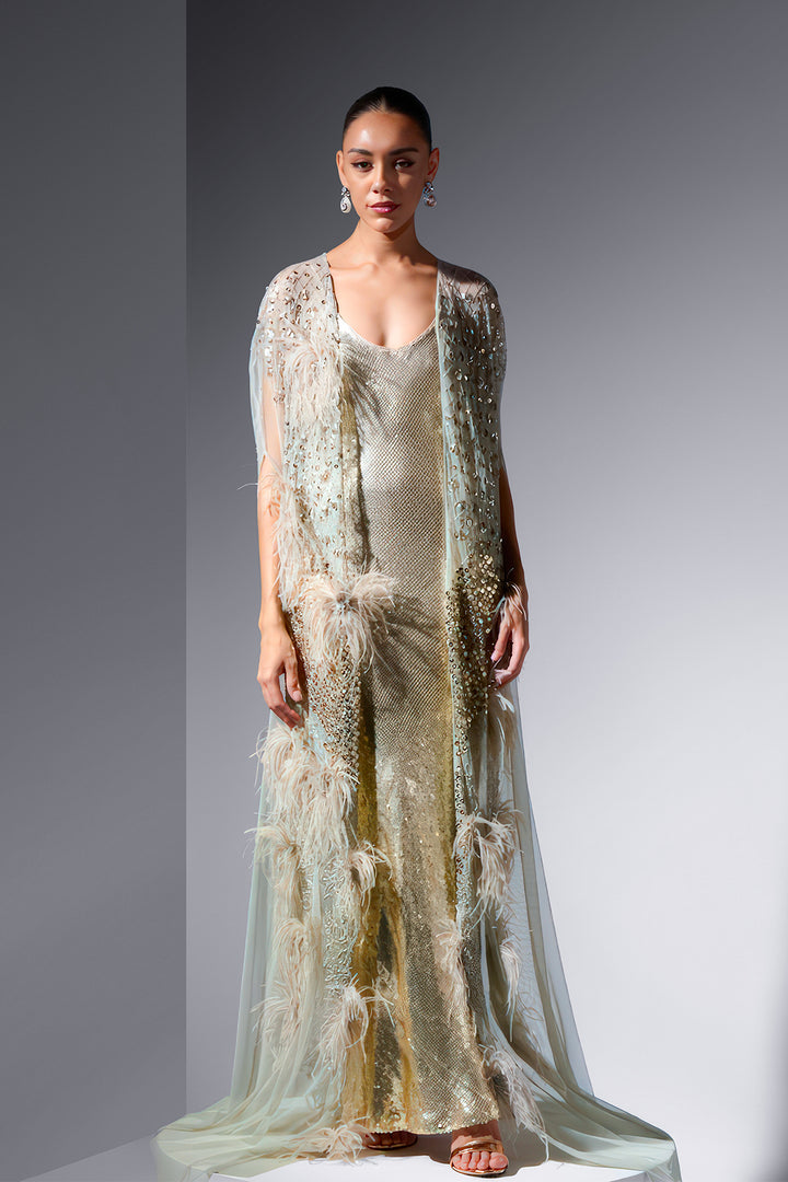 Embroidered Cape and Feathers