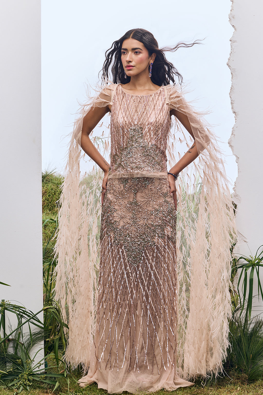 Feathery Cape and Geometric Sequin Pattern Dress Nude / US 6 Feathery Cape and Geometric Sequin Pattern Dress Nude / US 6